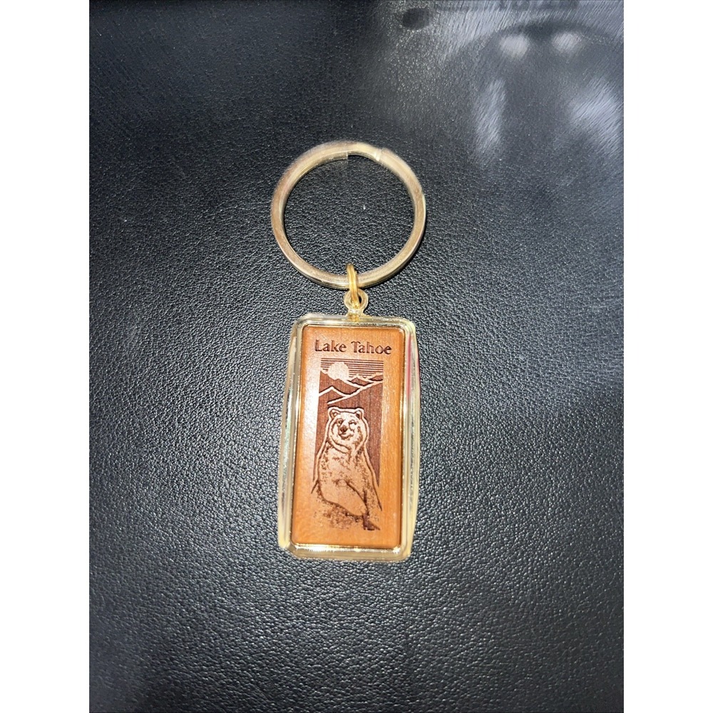 Lake Tahoe Bear Souvenir Keychain Accessory USA Wood Engraved and Metal